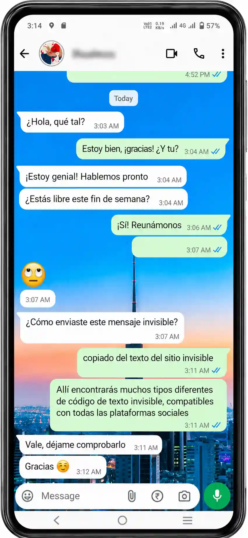Mensaje de texto invisible enviado en WhatsApp