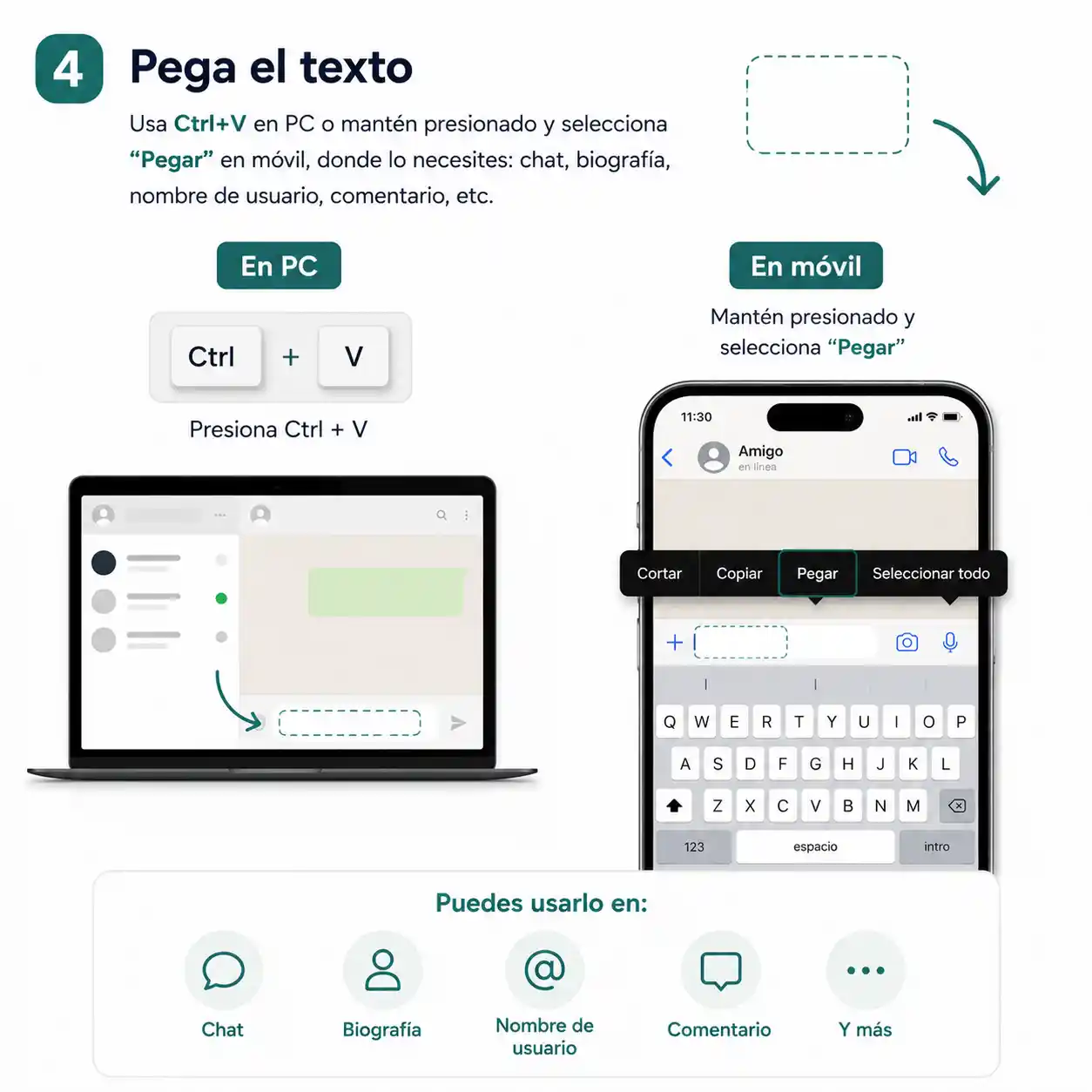 Paso 4: pegar el texto invisible copiado en cualquier app o plataforma